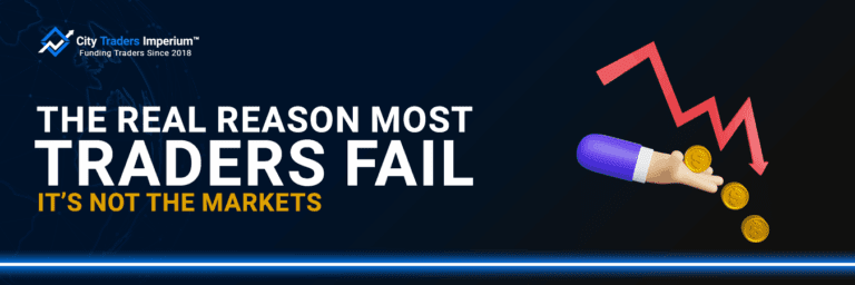 A City Traders Imperium blog header titled "The Real Reason Most Traders Fail: It's Not The Markets," featuring a 3D illustration of a hand dropping gold coins next to a red downward-trending market arrow.