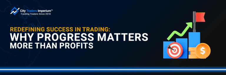 City Traders Imperium banner for success in trading article featuring a rising chart, target, and gold coin icons on dark background