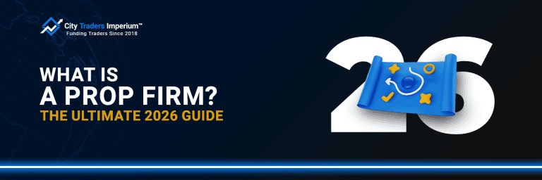 City Traders Imperium banner for a prop firm guide featuring a blue strategy map scroll with stars and arrows next to the number 26 on a dark background