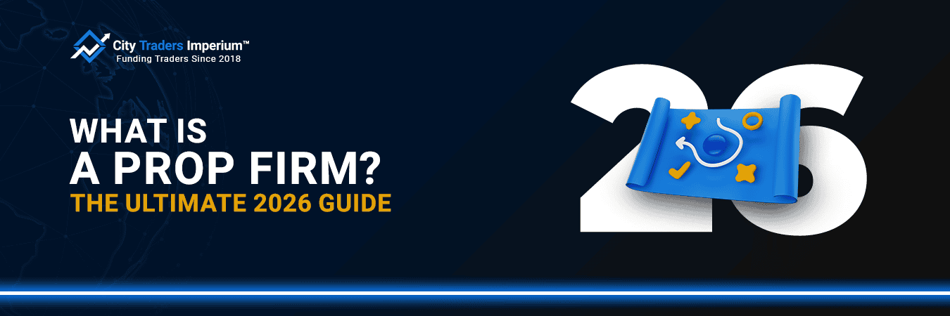 City Traders Imperium banner for a prop firm guide featuring a blue strategy map scroll with stars and arrows next to the number 26 on a dark background