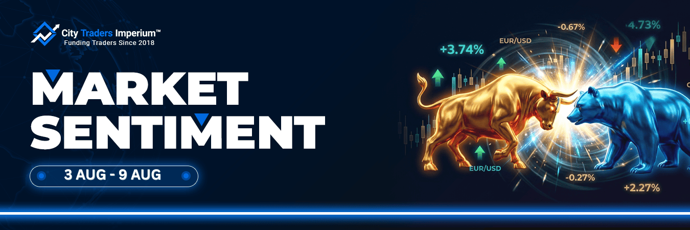 City Traders Imperium banner displaying Weekly Market Sentiment for August 3 to August 9 with a glowing bull and bear illustration and financial percentage indicators.