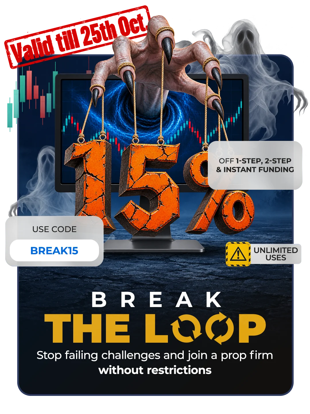 Break the Loop: 15% off 1-Step, 2-Step and Instant Funding, unlimited uses. Use code BREAK15. Valid till 25 October.